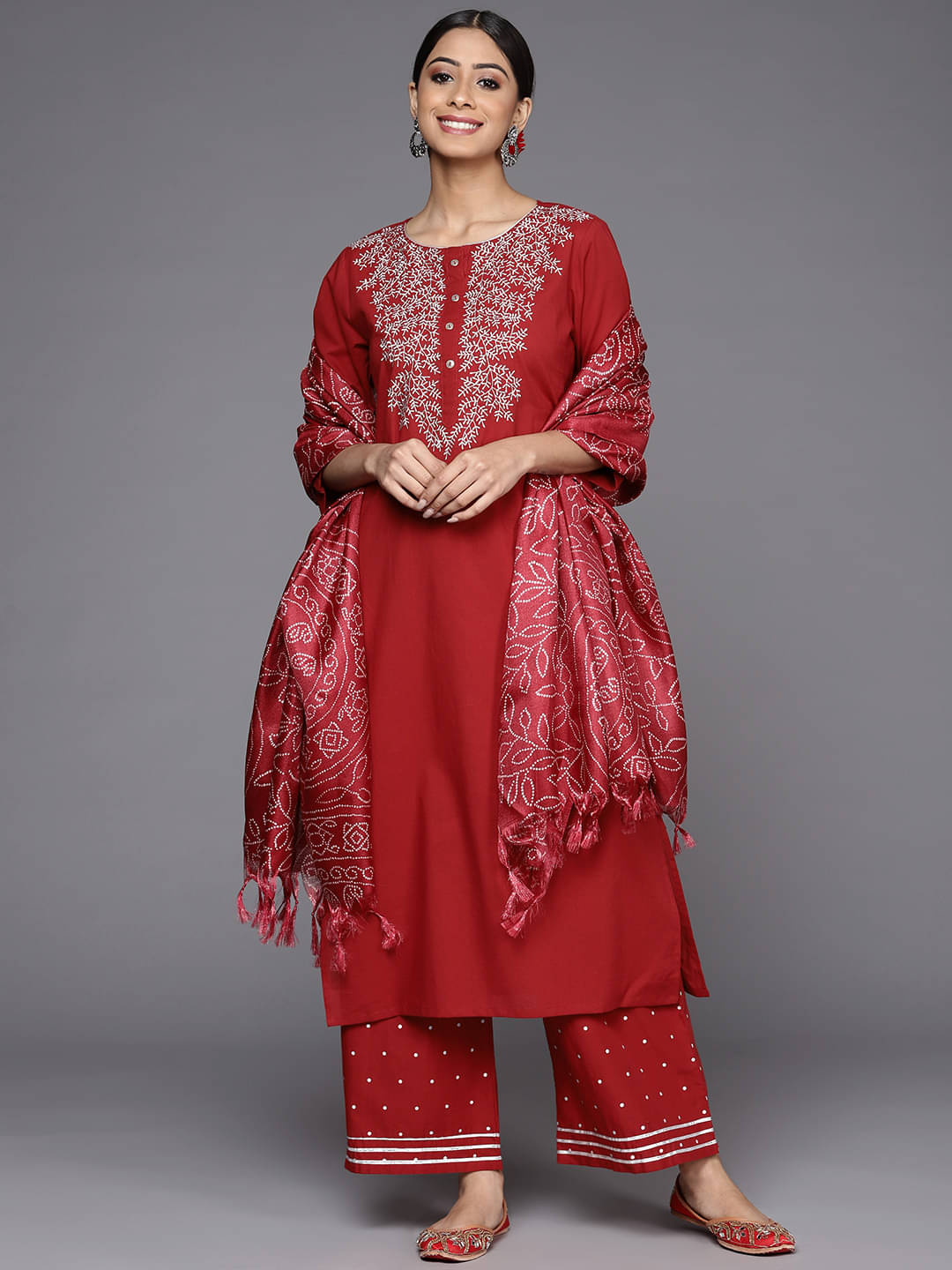 Varanga Cotton Blend Embroidered Kurti With Pants Women's Stitched Salwar Suit - Maroon ( Pack of 1 ) Varanga Cotton Blend Embroidered Kurti With Pants Women's Stitched Salwar Suit - Maroon ( Pack of 1 )