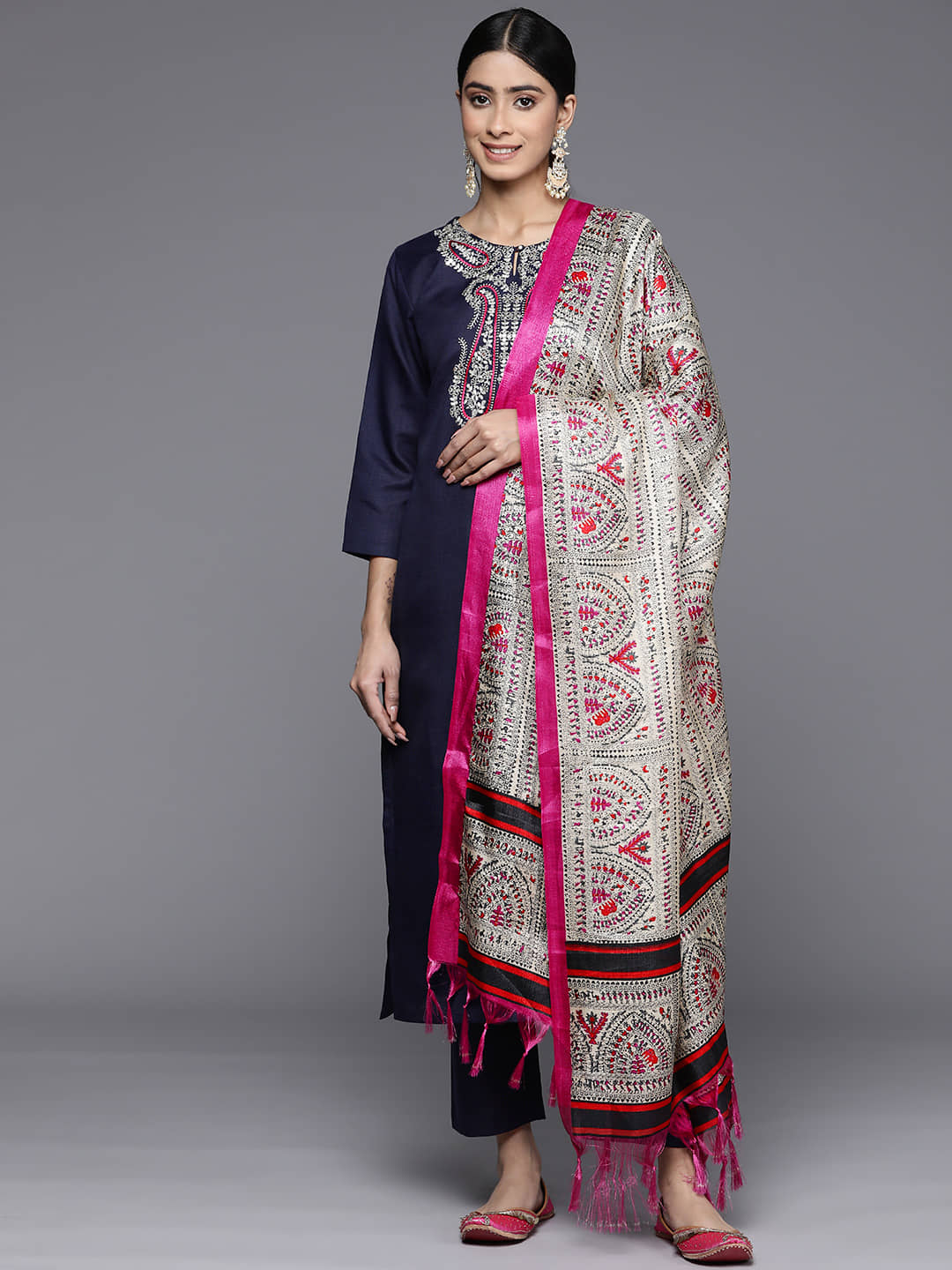 Varanga Cotton Blend Embroidered Kurti With Pants Women's Stitched Salwar Suit - Navy Blue ( Pack of 1 )