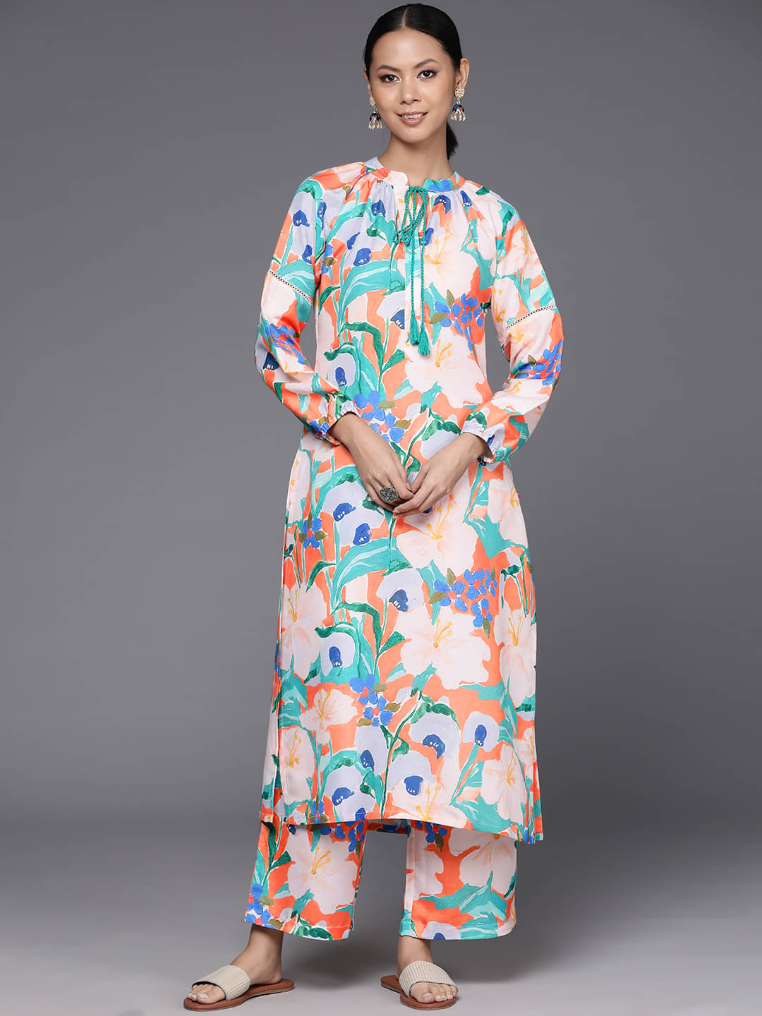     			Varanga Cotton Blend Printed Kurti With Pants Women's Stitched Salwar Suit - Orange ( Pack of 1 )