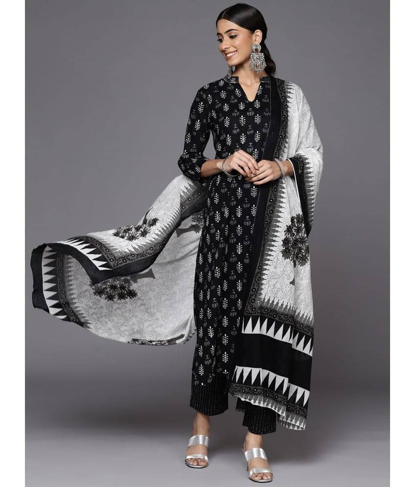 Varanga Cotton Printed Kurti With Pants Women's Stitched Salwar Suit - Black ( Pack of 1 ) Varanga Cotton Printed Kurti With Pants Women's Stitched Salwar Suit - Black ( Pack of 1 )