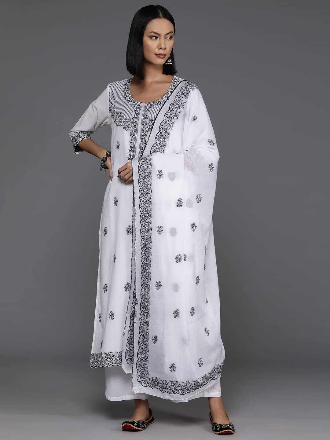     			Varanga Cotton Self Design Kurti With Pants Women's Stitched Salwar Suit - White ( Pack of 1 )