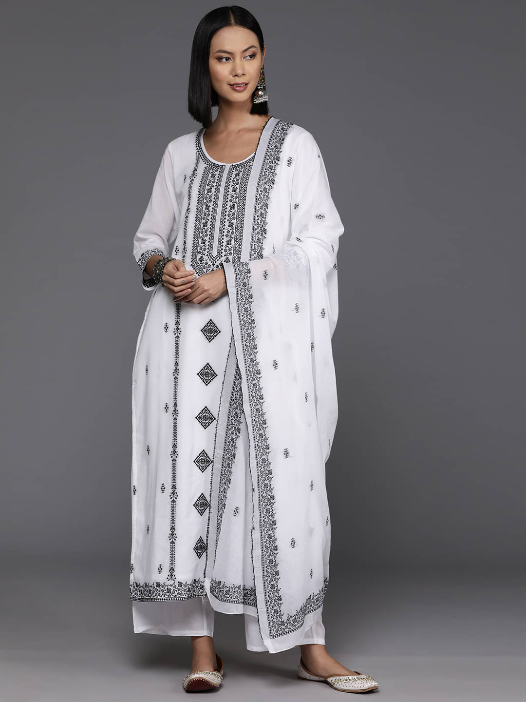     			Varanga Cotton Self Design Kurti With Pants Women's Stitched Salwar Suit - White ( Pack of 1 )