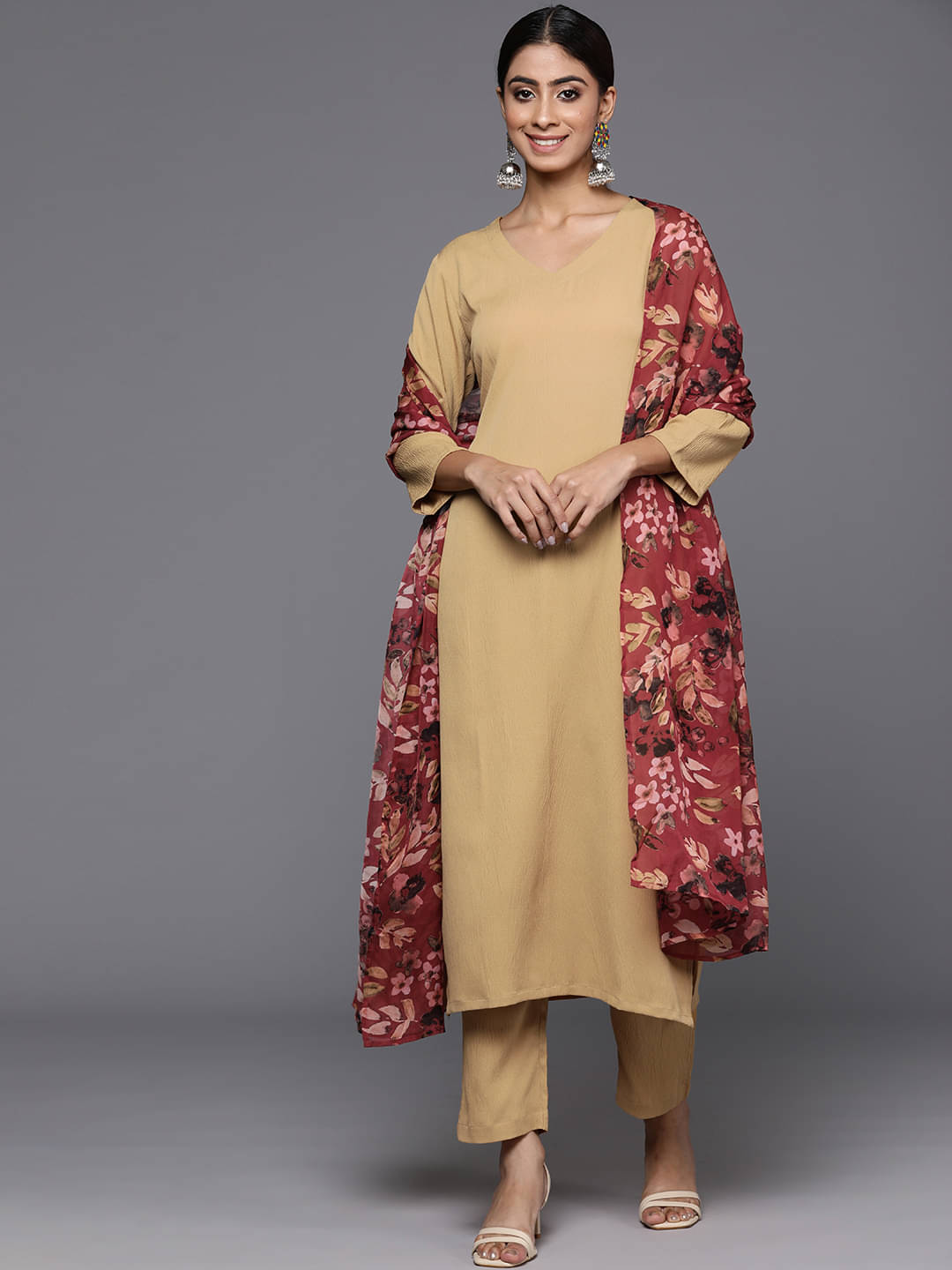     			Varanga Crepe Solid Kurti With Pants Women's Stitched Salwar Suit - Beige ( Pack of 1 )
