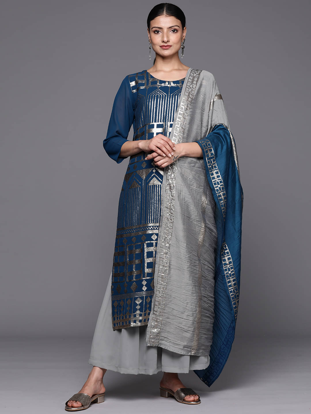 Varanga Georgette Dyed Kurti With Pants Women's Stitched Salwar Suit - Light Grey ( Pack of 1 ) Varanga Georgette Dyed Kurti With Pants Women's Stitched Salwar Suit - Light Grey ( Pack of 1 )