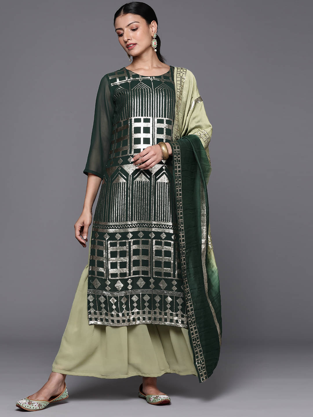 Varanga Georgette Dyed Kurti With Pants Women's Stitched Salwar Suit - Green ( Pack of 1 ) Varanga Georgette Dyed Kurti With Pants Women's Stitched Salwar Suit - Green ( Pack of 1 )