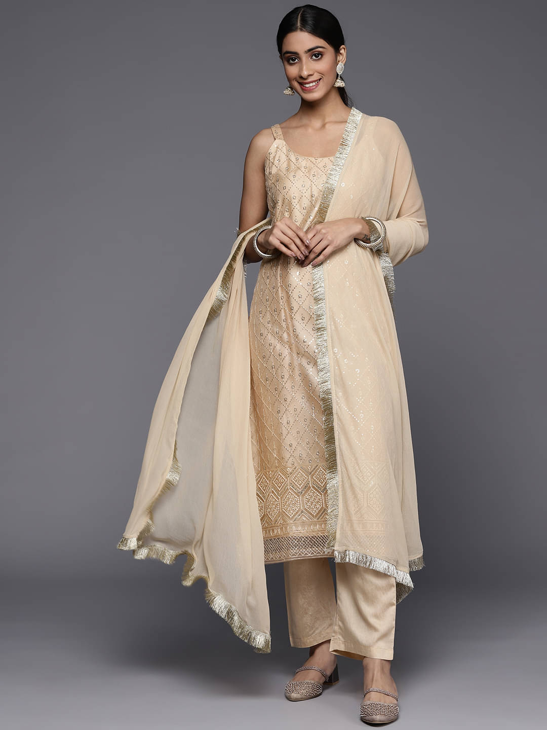Varanga Net Embroidered Kurti With Pants Women's Stitched Salwar Suit - Cream ( Pack of 1 ) Varanga Net Embroidered Kurti With Pants Women's Stitched Salwar Suit - Cream ( Pack of 1 )