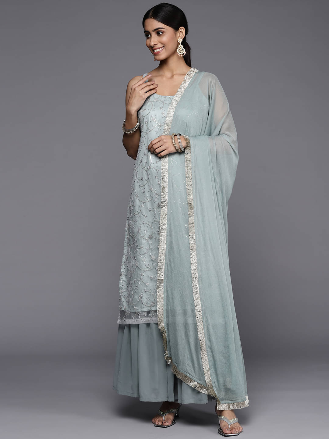 Varanga Net Embroidered Kurti With Pants Women's Stitched Salwar Suit - Light Grey ( Pack of 1 ) Varanga Net Embroidered Kurti With Pants Women's Stitched Salwar Suit - Light Grey ( Pack of 1 )