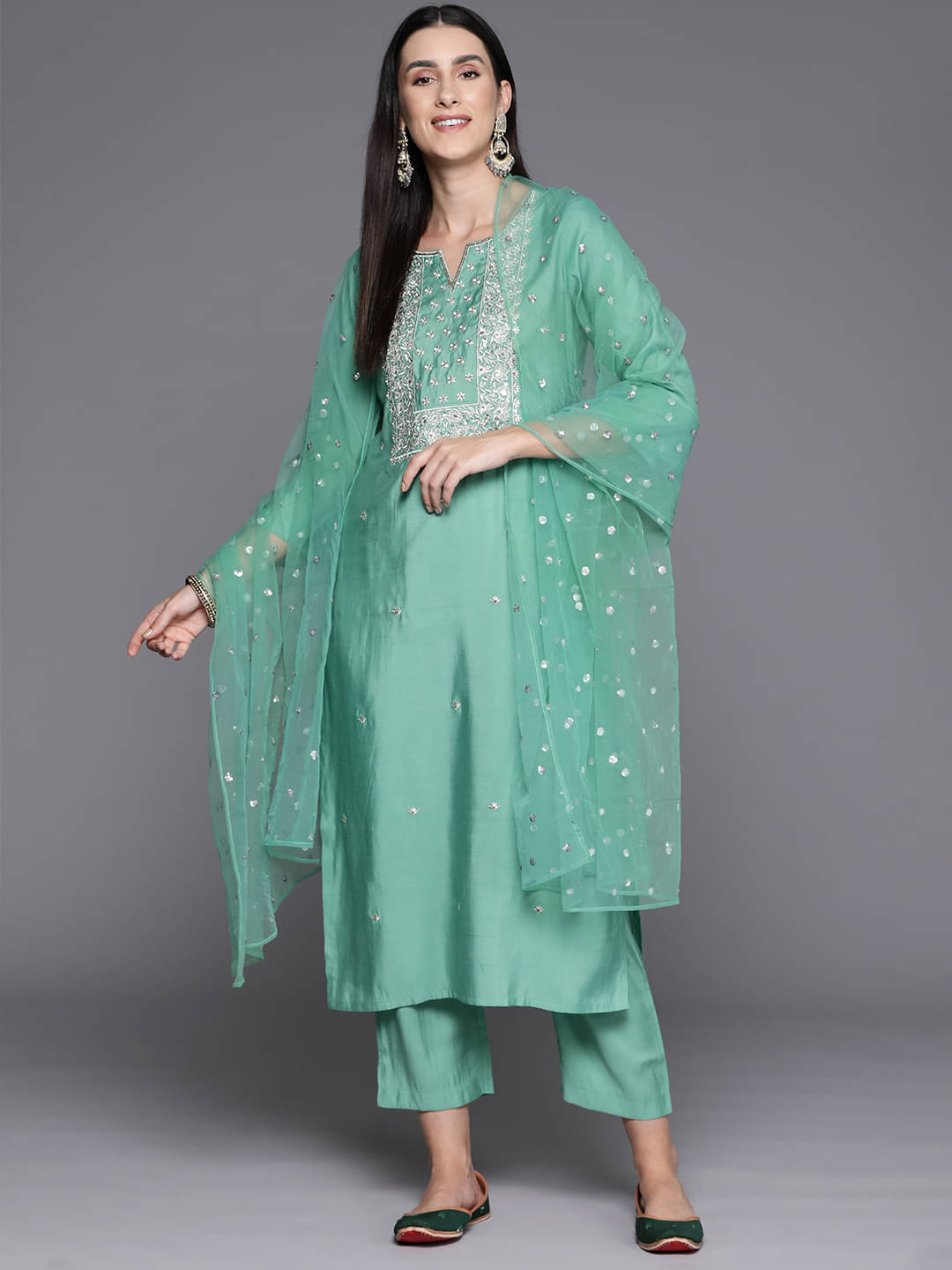     			Varanga Silk Blend Embroidered Kurti With Pants Women's Stitched Salwar Suit - Sea Green ( Pack of 1 )
