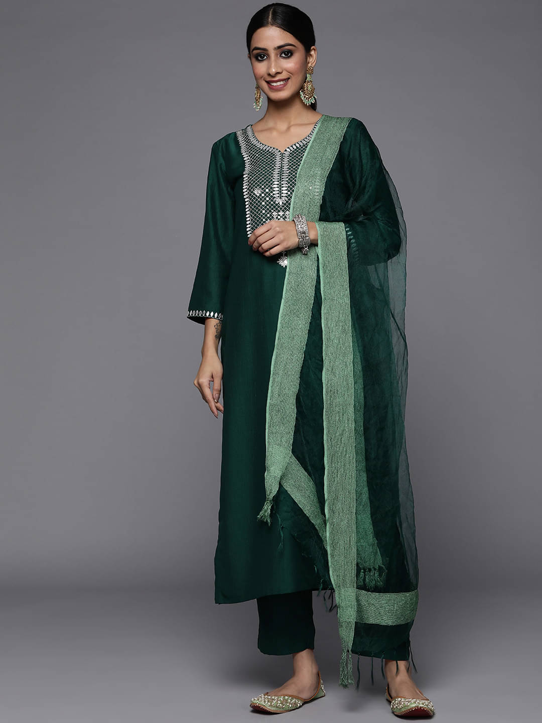 Varanga Silk Blend Embroidered Kurti With Pants Women's Stitched Salwar Suit - Green ( Pack of 1 )     			Varanga Silk Blend Embroidered Kurti With Pants Women's Stitched Salwar Suit - Green ( Pack of 1 )