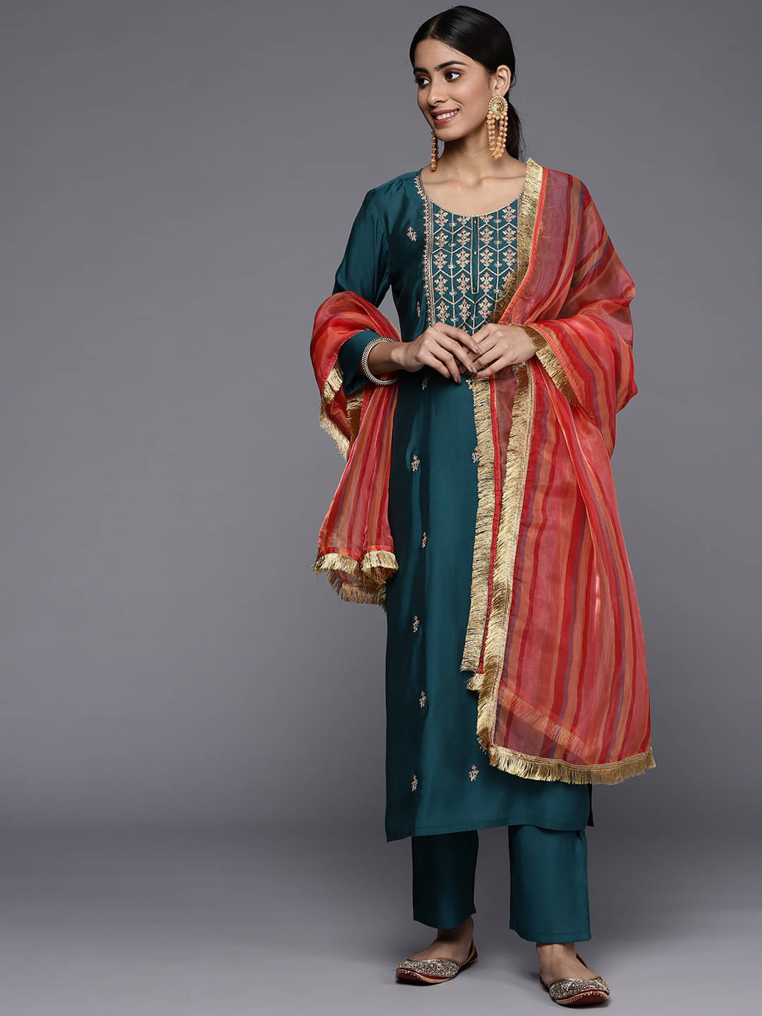 Varanga Silk Blend Embroidered Kurti With Pants Women's Stitched Salwar Suit - Teal ( Pack of 1 ) Varanga Silk Blend Embroidered Kurti With Pants Women's Stitched Salwar Suit - Teal ( Pack of 1 )