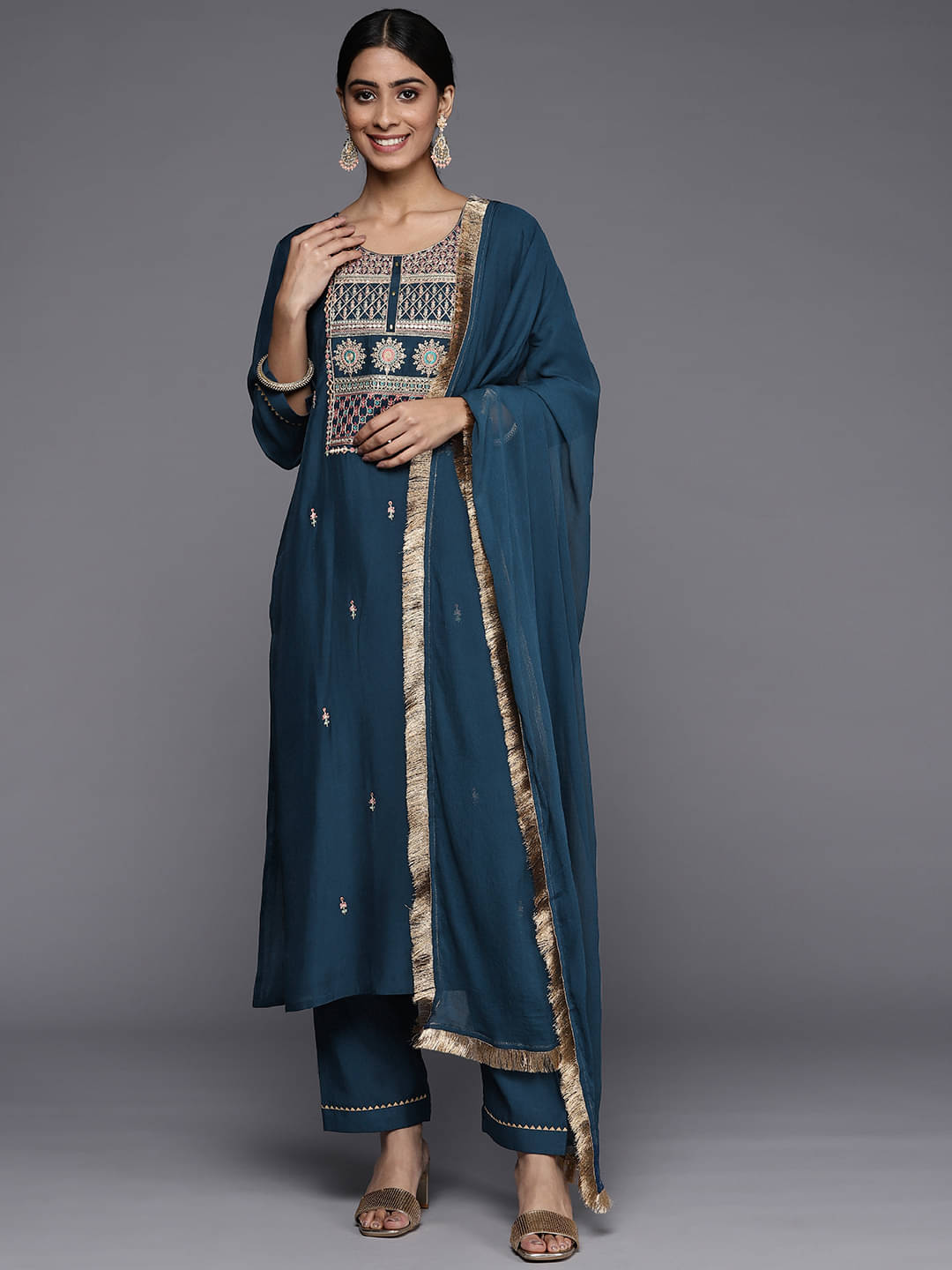 Varanga Silk Blend Embroidered Kurti With Pants Women's Stitched Salwar Suit - Blue ( Pack of 1 ) Varanga Silk Blend Embroidered Kurti With Pants Women's Stitched Salwar Suit - Blue ( Pack of 1 )