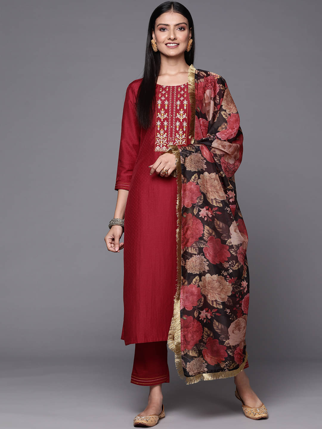 Varanga Silk Blend Embroidered Kurti With Pants Women's Stitched Salwar Suit - Maroon ( Pack of 1 )     			Varanga Silk Blend Embroidered Kurti With Pants Women's Stitched Salwar Suit - Maroon ( Pack of 1 )