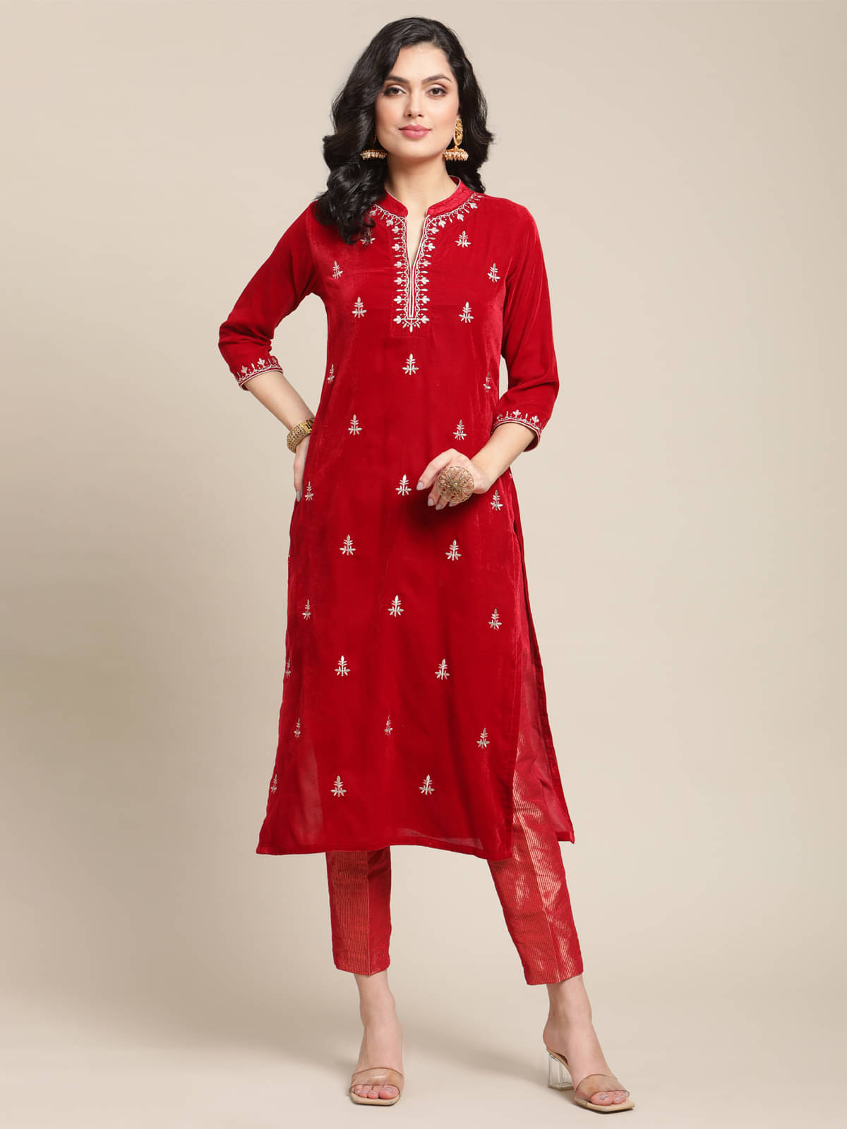 Varanga Silk Blend Embroidered Kurti With Pants Women's Stitched Salwar Suit - Red ( Pack of 1 )     			Varanga Silk Blend Embroidered Kurti With Pants Women's Stitched Salwar Suit - Red ( Pack of 1 )