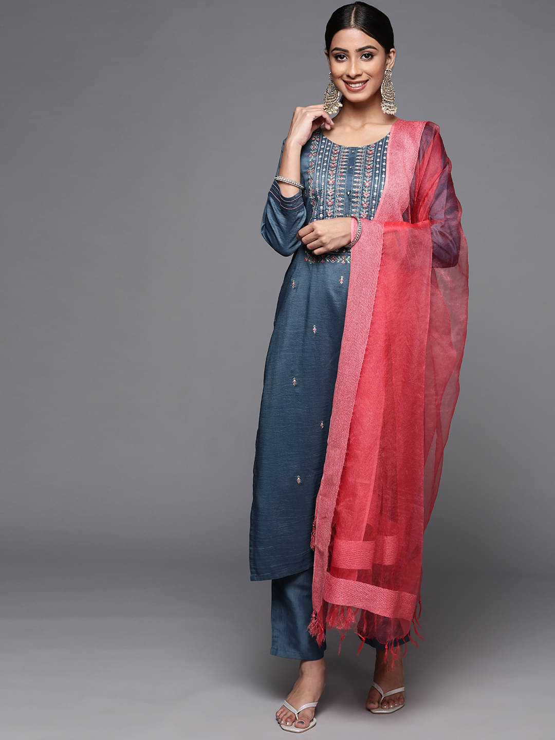 Varanga Silk Blend Embroidered Kurti With Pants Women's Stitched Salwar Suit - Blue ( Pack of 1 ) Varanga Silk Blend Embroidered Kurti With Pants Women's Stitched Salwar Suit - Blue ( Pack of 1 )