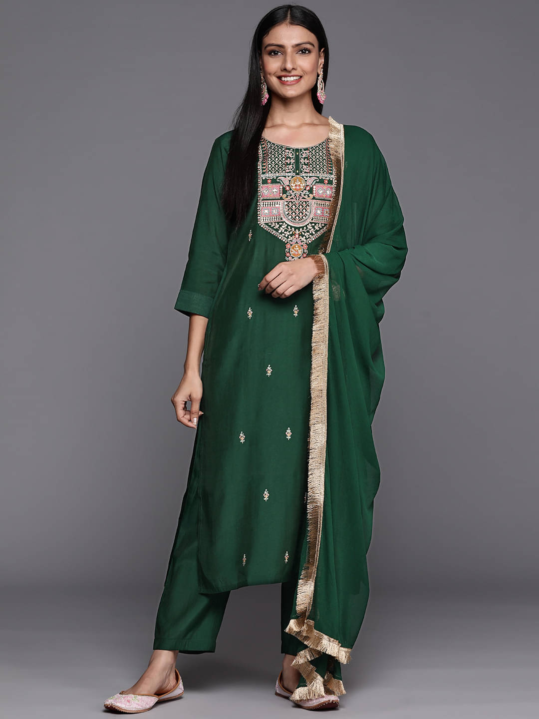 Varanga Silk Blend Embroidered Kurti With Pants Women's Stitched Salwar Suit - Green ( Pack of 1 )     			Varanga Silk Blend Embroidered Kurti With Pants Women's Stitched Salwar Suit - Green ( Pack of 1 )