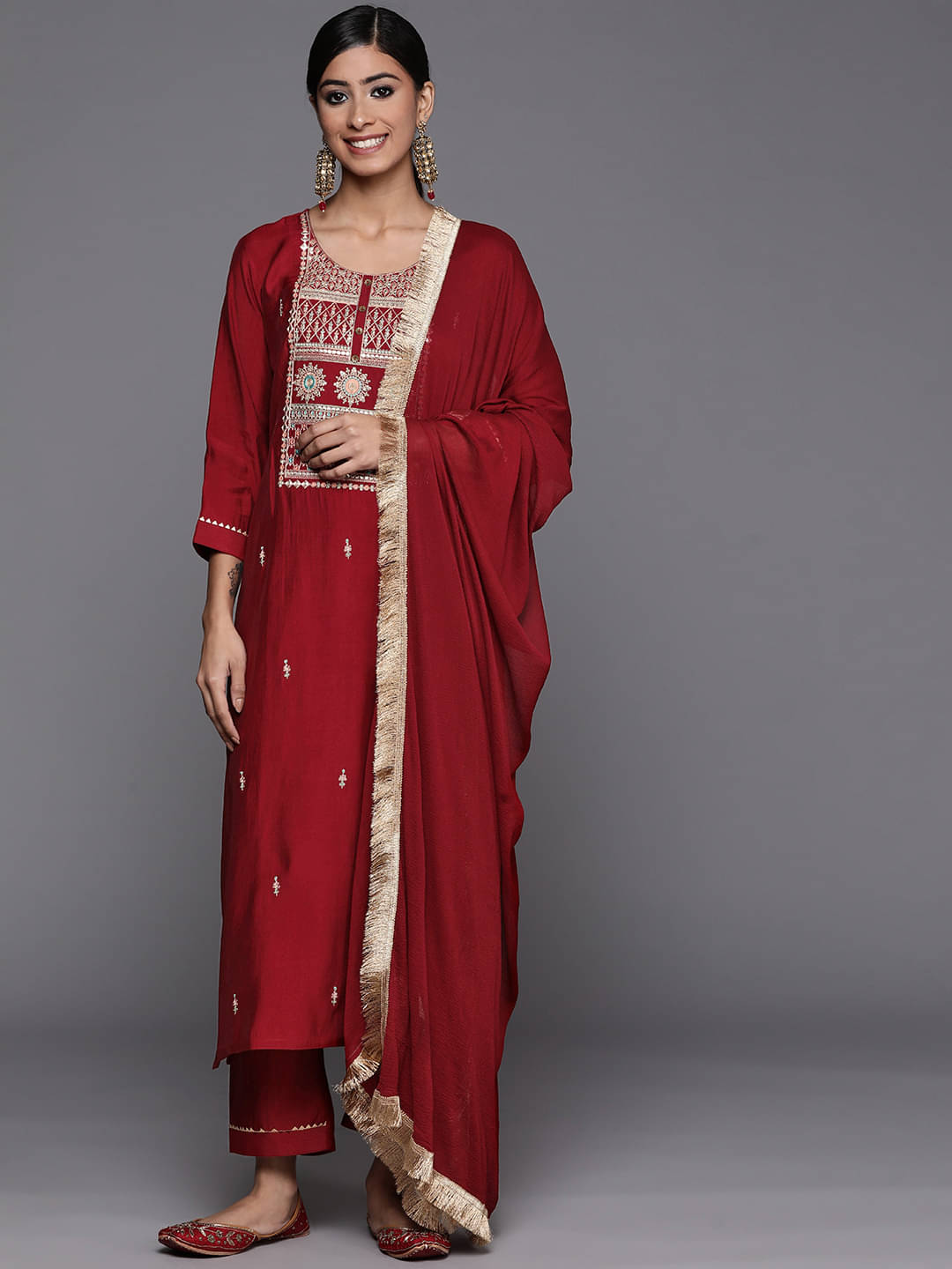     			Varanga Silk Blend Embroidered Kurti With Pants Women's Stitched Salwar Suit - Maroon ( Pack of 1 )