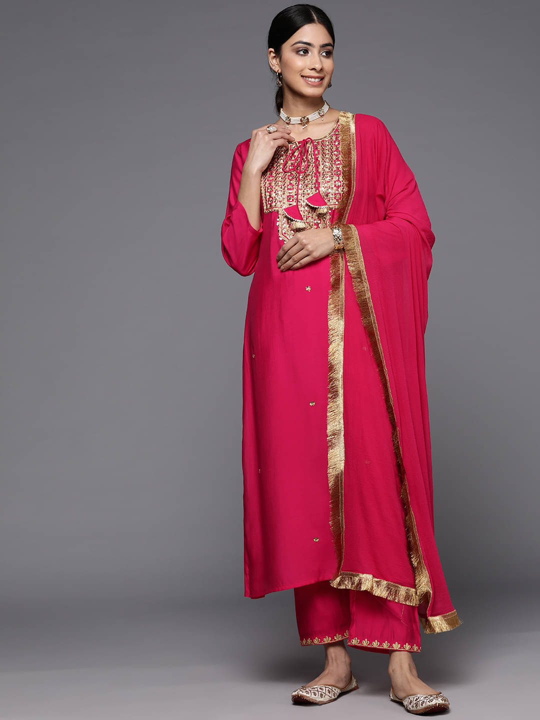 Varanga Silk Blend Embroidered Kurti With Pants Women's Stitched Salwar Suit - Pink ( Pack of 1 ) Varanga Silk Blend Embroidered Kurti With Pants Women's Stitched Salwar Suit - Pink ( Pack of 1 )