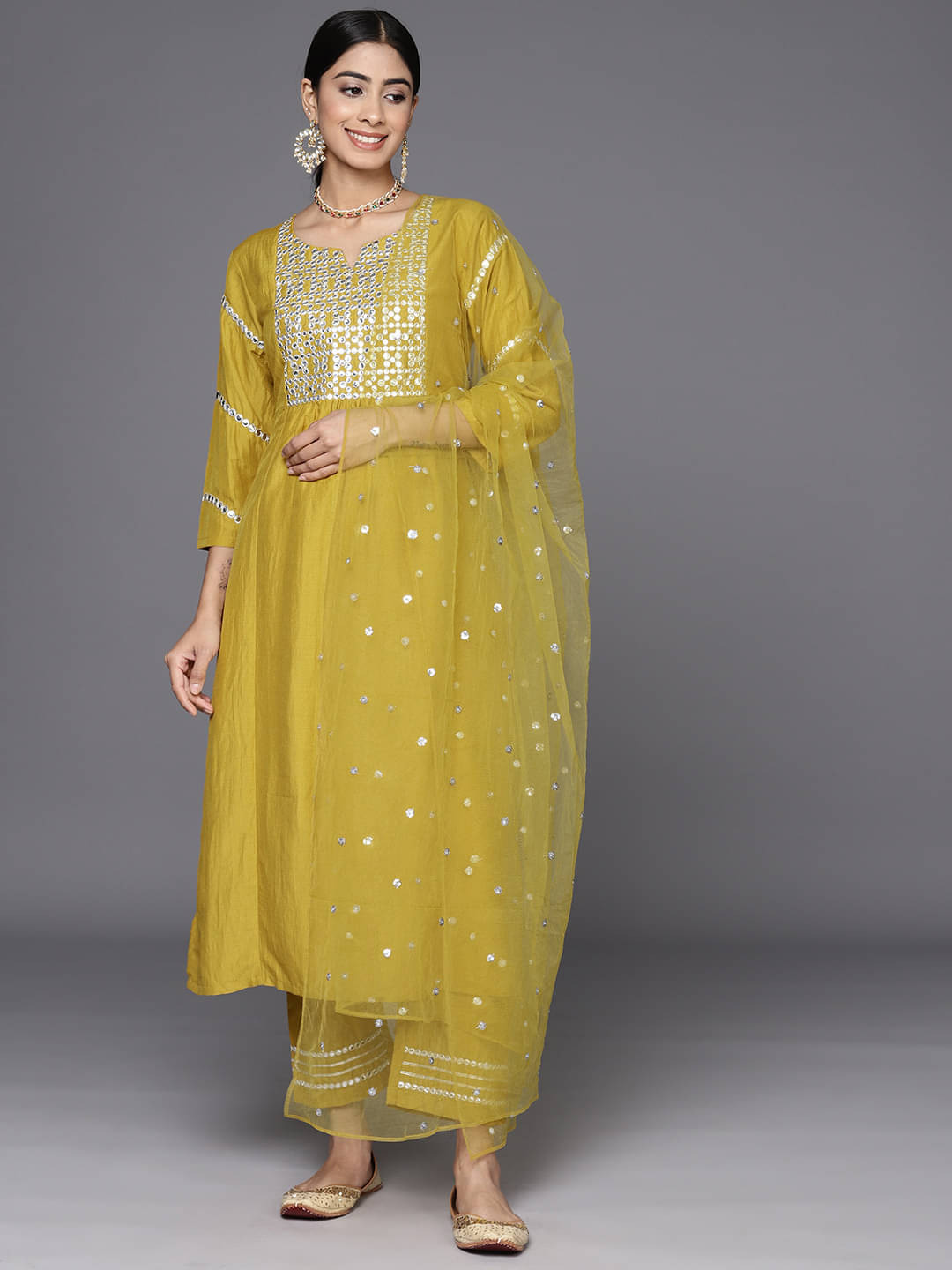 Varanga Silk Blend Embroidered Kurti With Pants Women's Stitched Salwar Suit - Yellow ( Pack of 1 )     			Varanga Silk Blend Embroidered Kurti With Pants Women's Stitched Salwar Suit - Yellow ( Pack of 1 )