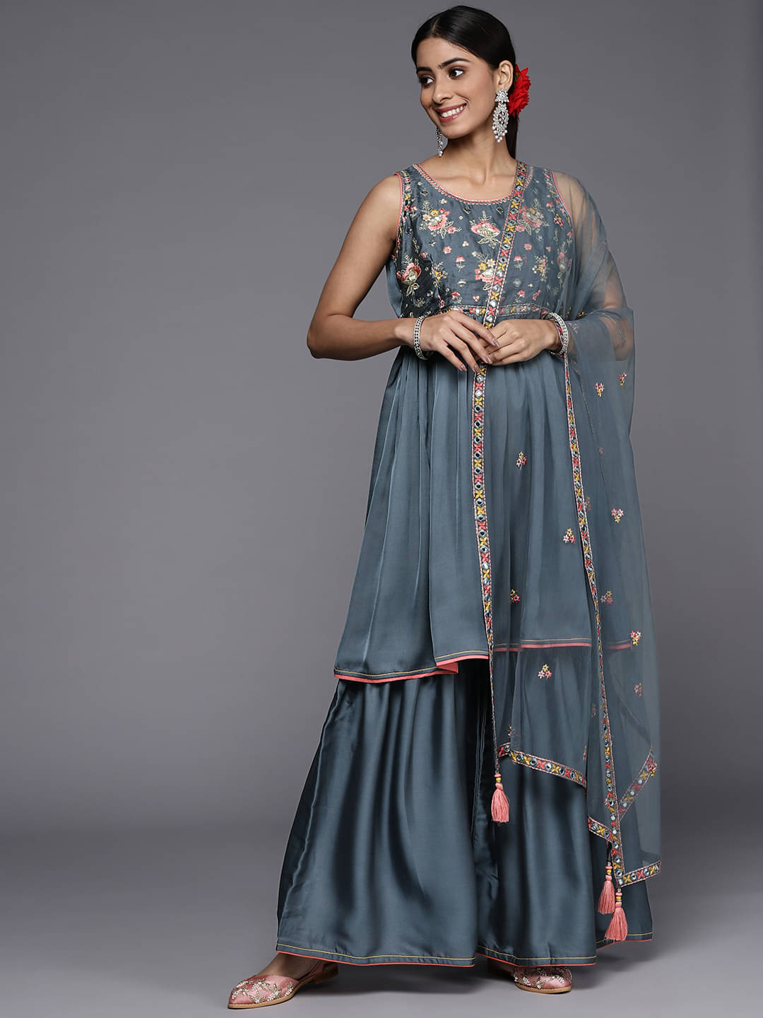     			Varanga Silk Blend Embroidered Kurti With Pants Women's Stitched Salwar Suit - Light Grey ( Pack of 1 )