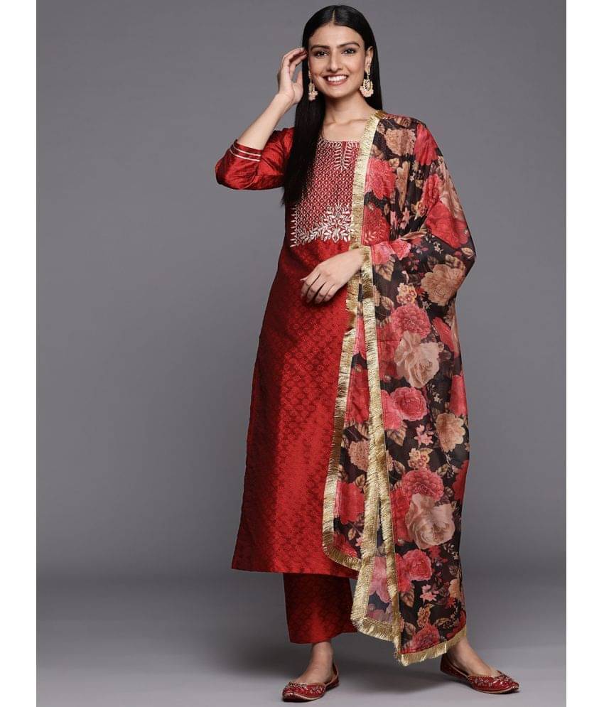 Varanga Silk Blend Embroidered Kurti With Pants Women's Stitched Salwar Suit - Red ( Pack of 1 ) Varanga Silk Blend Embroidered Kurti With Pants Women's Stitched Salwar Suit - Red ( Pack of 1 )