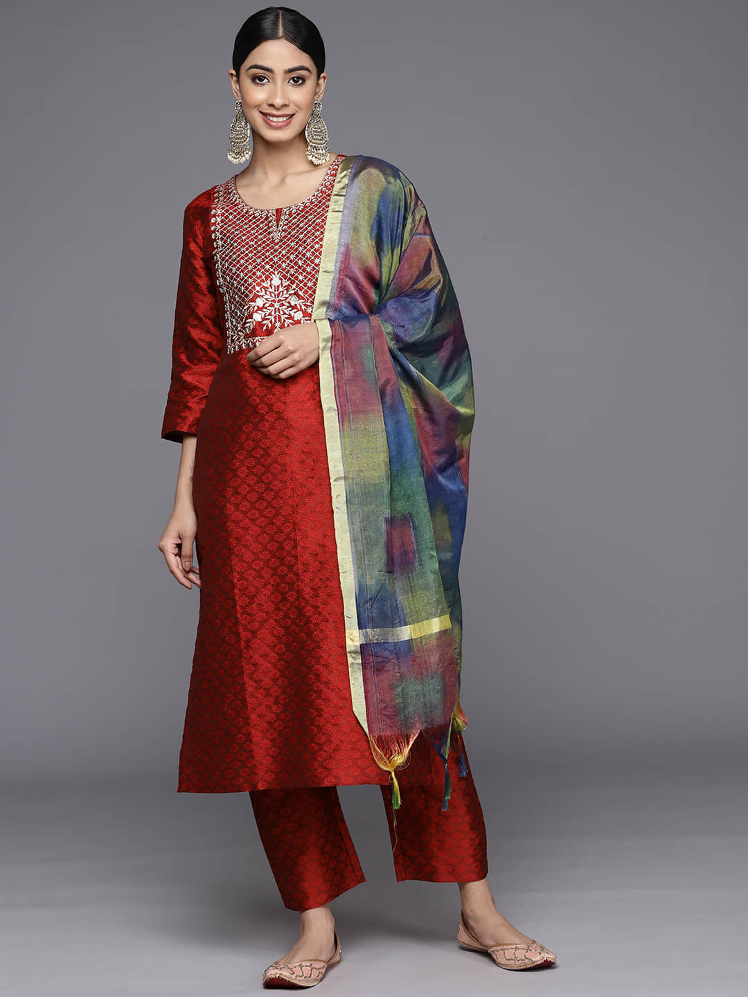 Varanga Silk Blend Embroidered Kurti With Pants Women's Stitched Salwar Suit - Maroon ( Pack of 1 )