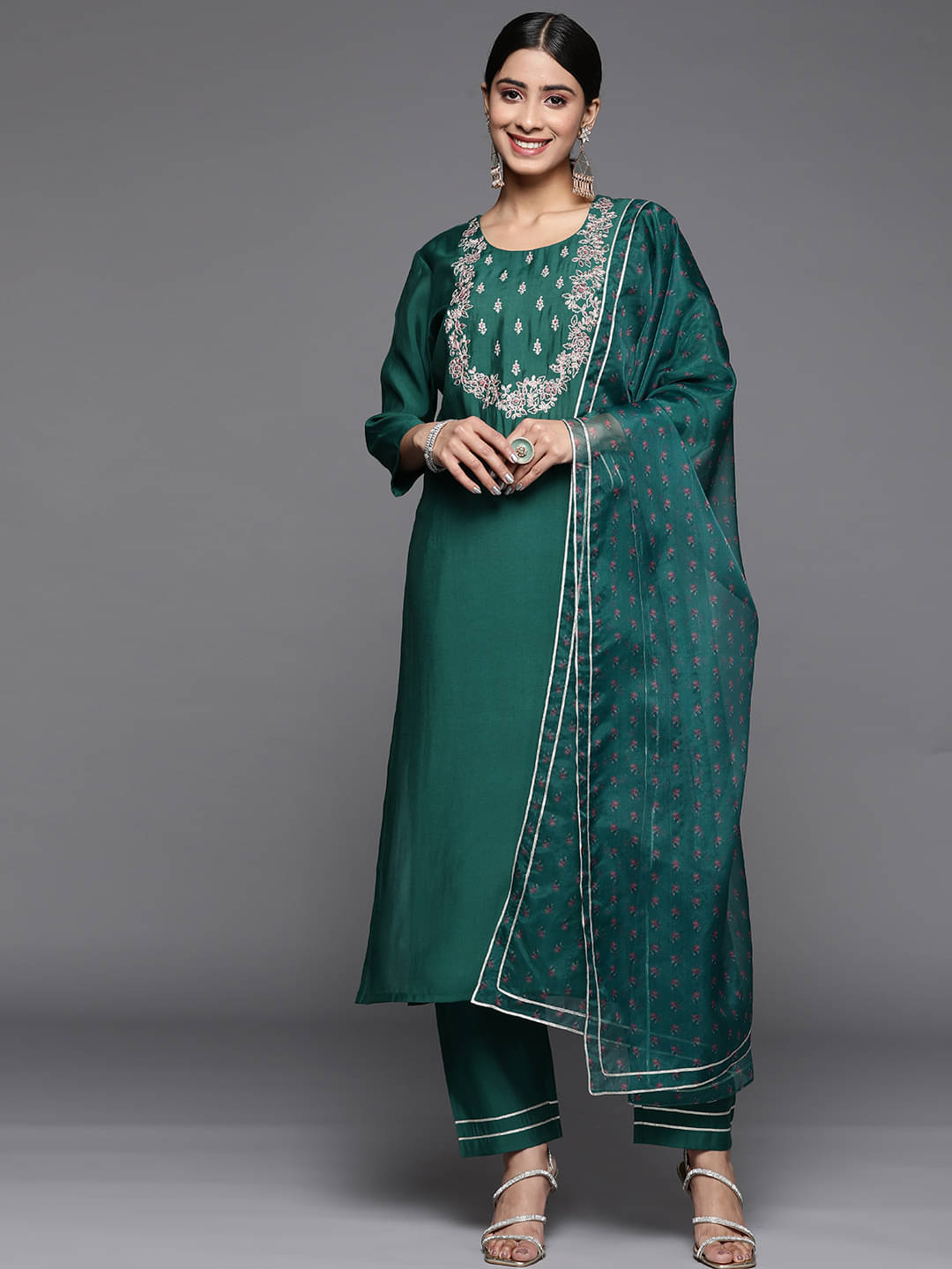 Varanga Silk Blend Embroidered Kurti With Pants Women's Stitched Salwar Suit - Teal ( Pack of 1 )     			Varanga Silk Blend Embroidered Kurti With Pants Women's Stitched Salwar Suit - Teal ( Pack of 1 )