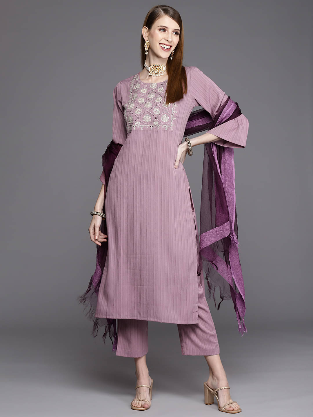     			Varanga Silk Blend Embroidered Kurti With Pants Women's Stitched Salwar Suit - Mauve ( Pack of 1 )