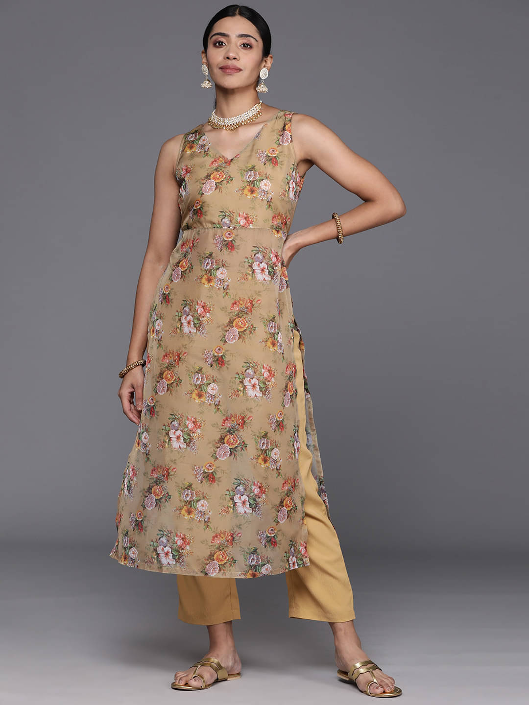 Varanga Silk Blend Printed Kurti With Pants Women's Stitched Salwar Suit - Beige ( Pack of 1 ) Varanga Silk Blend Printed Kurti With Pants Women's Stitched Salwar Suit - Beige ( Pack of 1 )