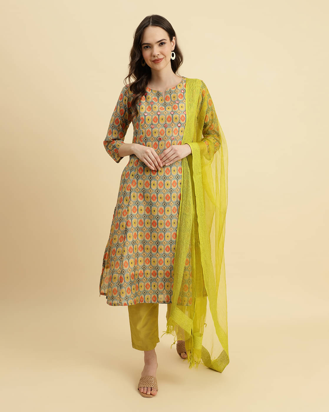     			Varanga Silk Blend Printed Kurti With Pants Women's Stitched Salwar Suit - Green ( Pack of 1 )
