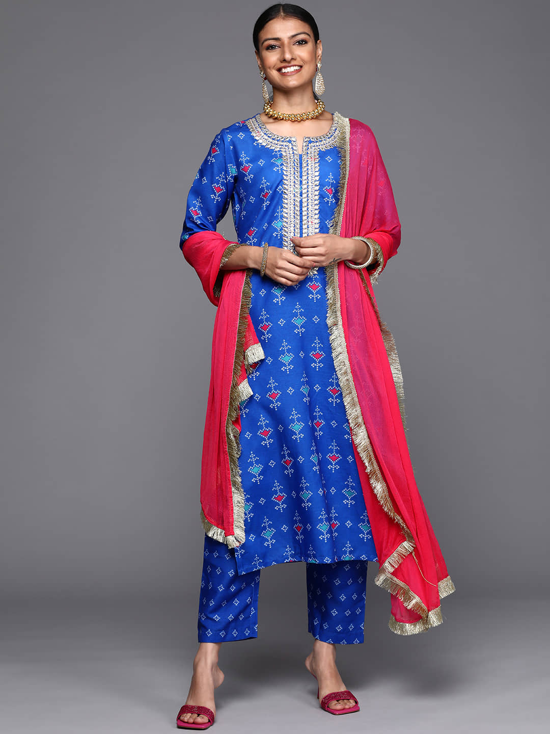 Varanga Silk Blend Printed Kurti With Pants Women's Stitched Salwar Suit - Blue ( Pack of 1 )
