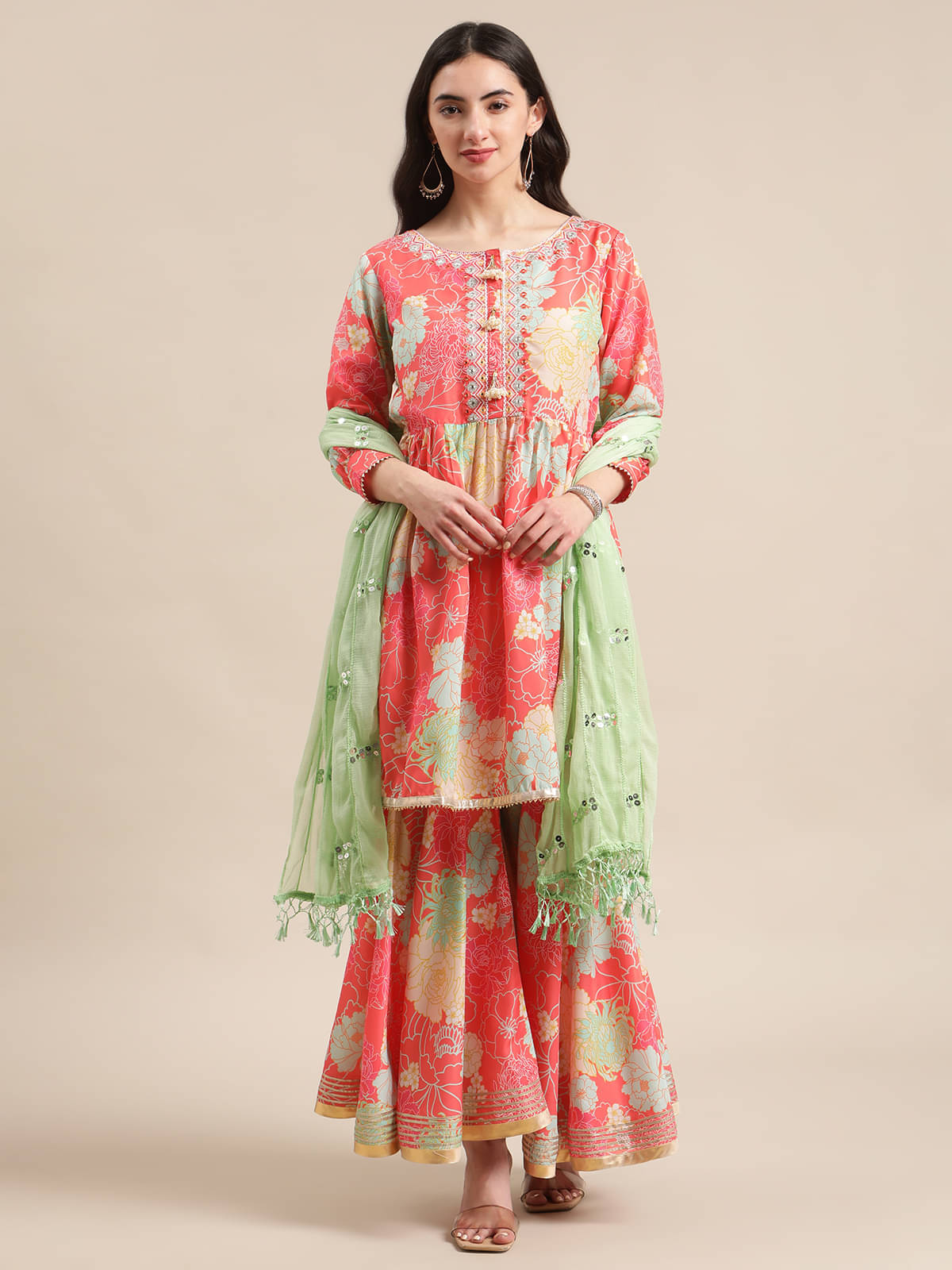 Varanga Silk Blend Printed Kurti With Pants Women's Stitched Salwar Suit - Coral ( Pack of 1 ) Varanga Silk Blend Printed Kurti With Pants Women's Stitched Salwar Suit - Coral ( Pack of 1 )