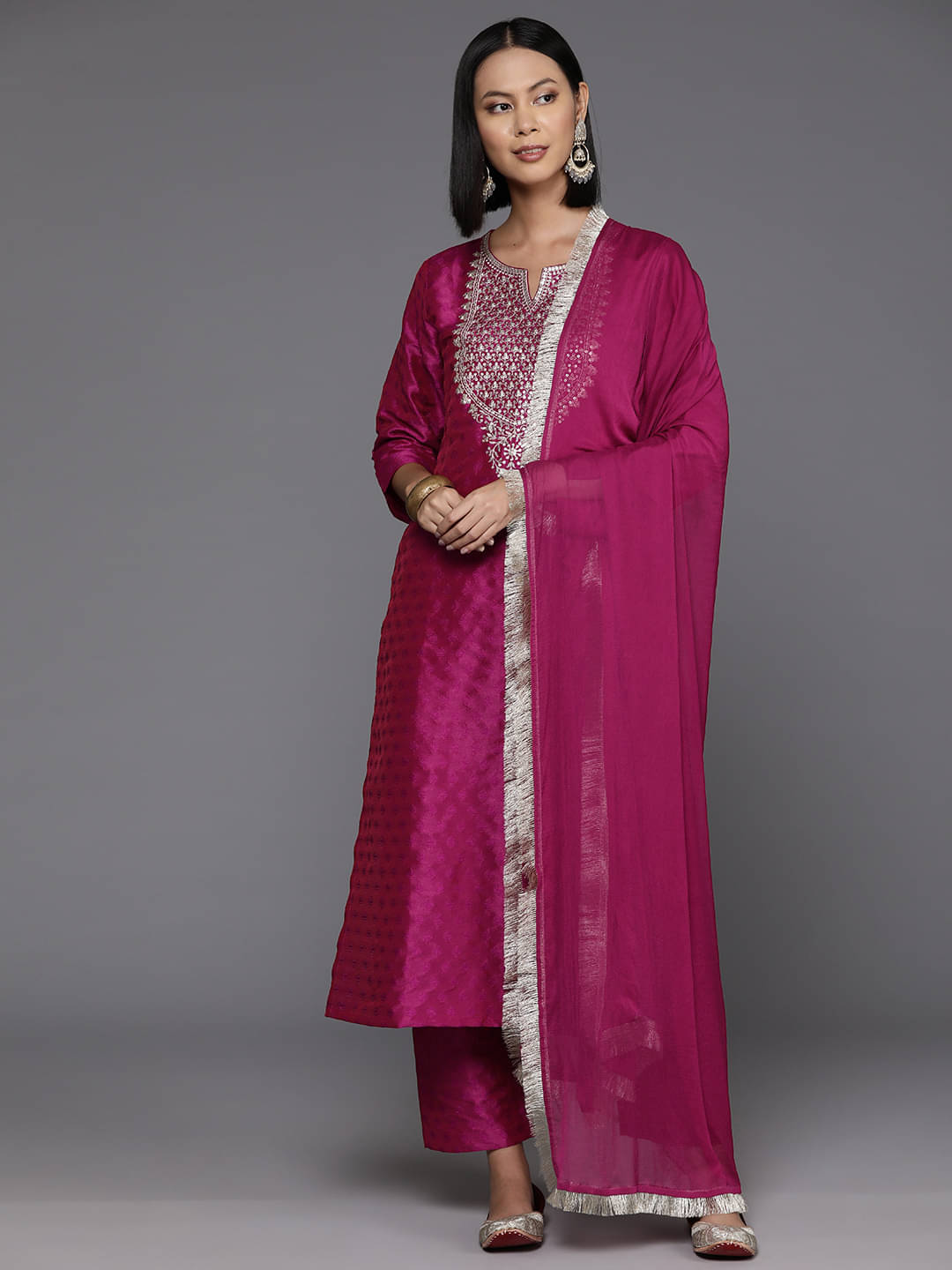 Varanga Silk Blend Self Design Kurti With Pants Women's Stitched Salwar Suit - Pink ( Pack of 1 )     			Varanga Silk Blend Self Design Kurti With Pants Women's Stitched Salwar Suit - Pink ( Pack of 1 )