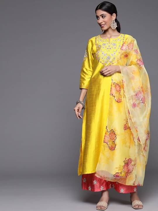 Varanga Silk Blend Self Design Kurti With Pants Women's Stitched Salwar Suit - Yellow ( Pack of 1 ) Varanga Silk Blend Self Design Kurti With Pants Women's Stitched Salwar Suit - Yellow ( Pack of 1 )