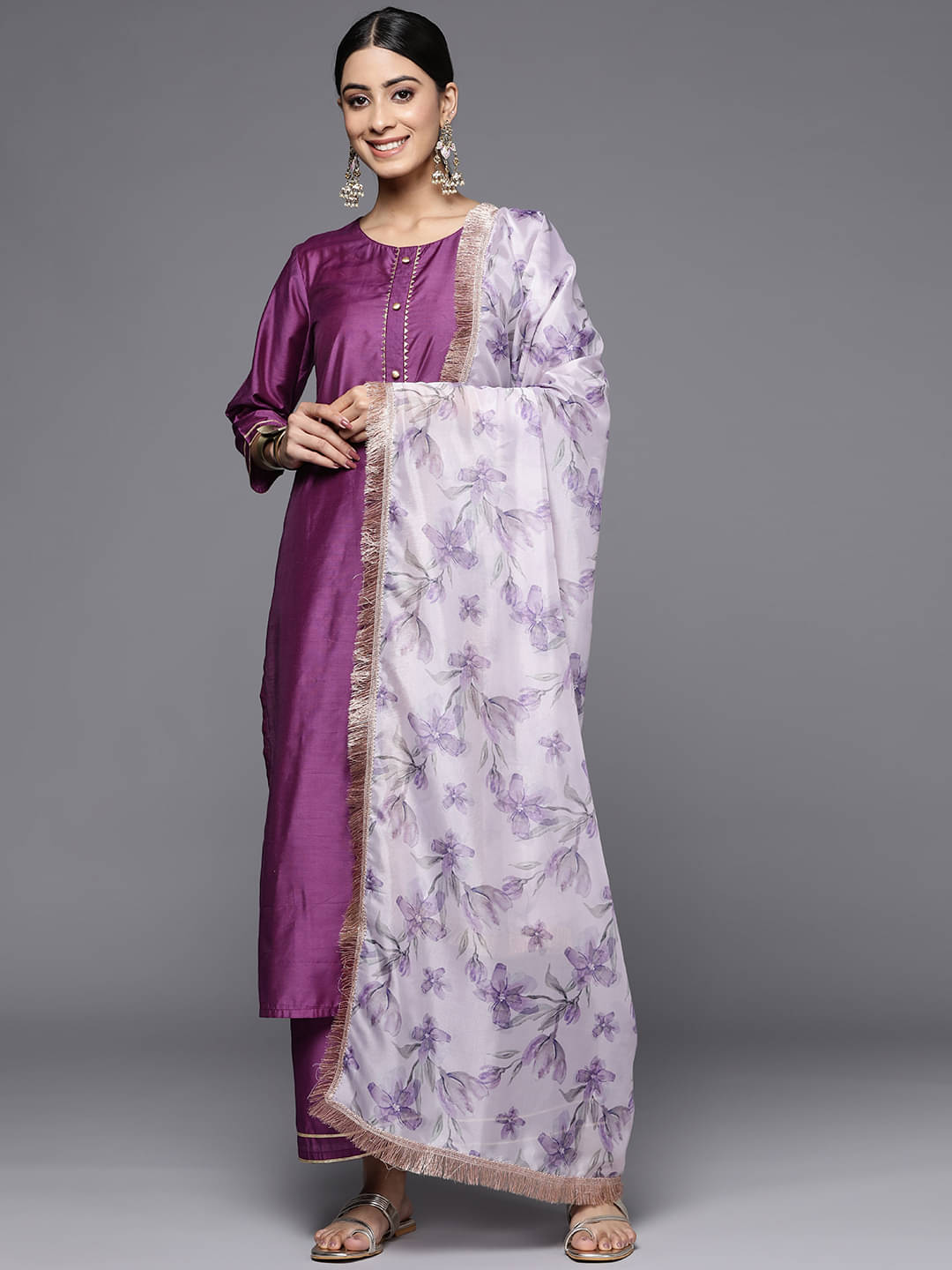     			Varanga Silk Blend Self Design Kurti With Pants Women's Stitched Salwar Suit - Purple ( Pack of 1 )