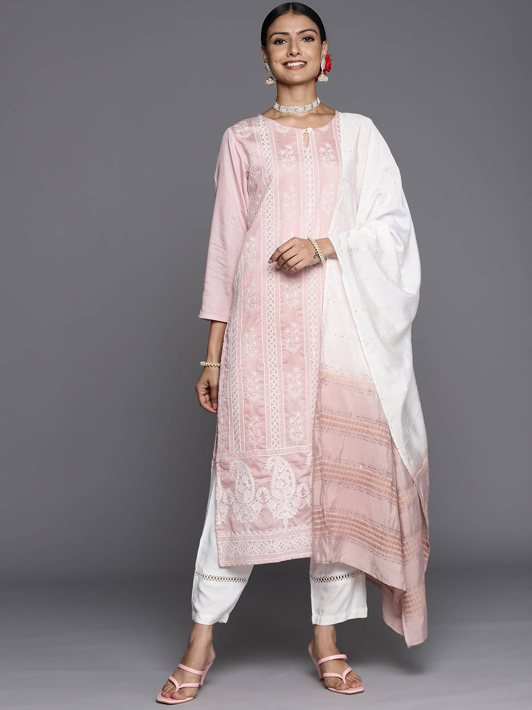     			Varanga Viscose Embroidered Kurti With Pants Women's Stitched Salwar Suit - Peach ( Pack of 1 )