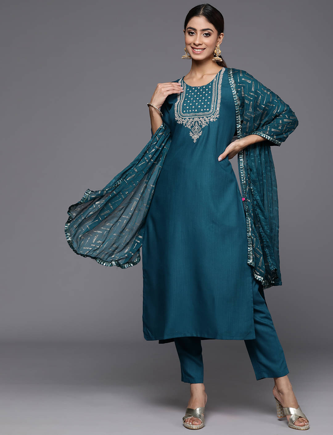 Varanga Viscose Embroidered Kurti With Pants Women's Stitched Salwar Suit - Blue ( Pack of 1 ) Varanga Viscose Embroidered Kurti With Pants Women's Stitched Salwar Suit - Blue ( Pack of 1 )