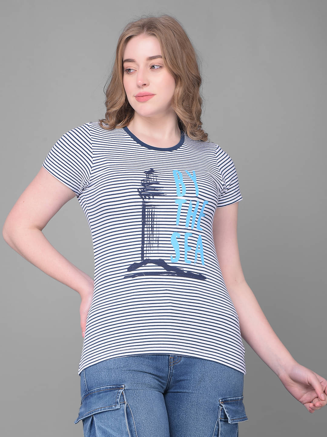     			Dollar Women Cotton Striped Regular Fit Round Neck T-Shirt ( Blue )
