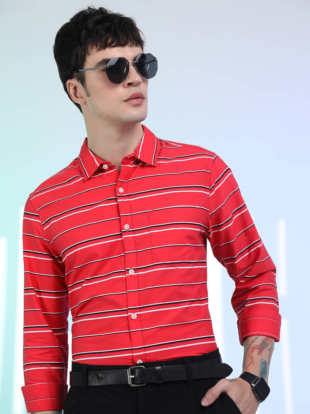 Ketch 100% Cotton Regular Fit Striped Full Sleeves Men's Casual Shirt - Coral ( Pack of 1 )