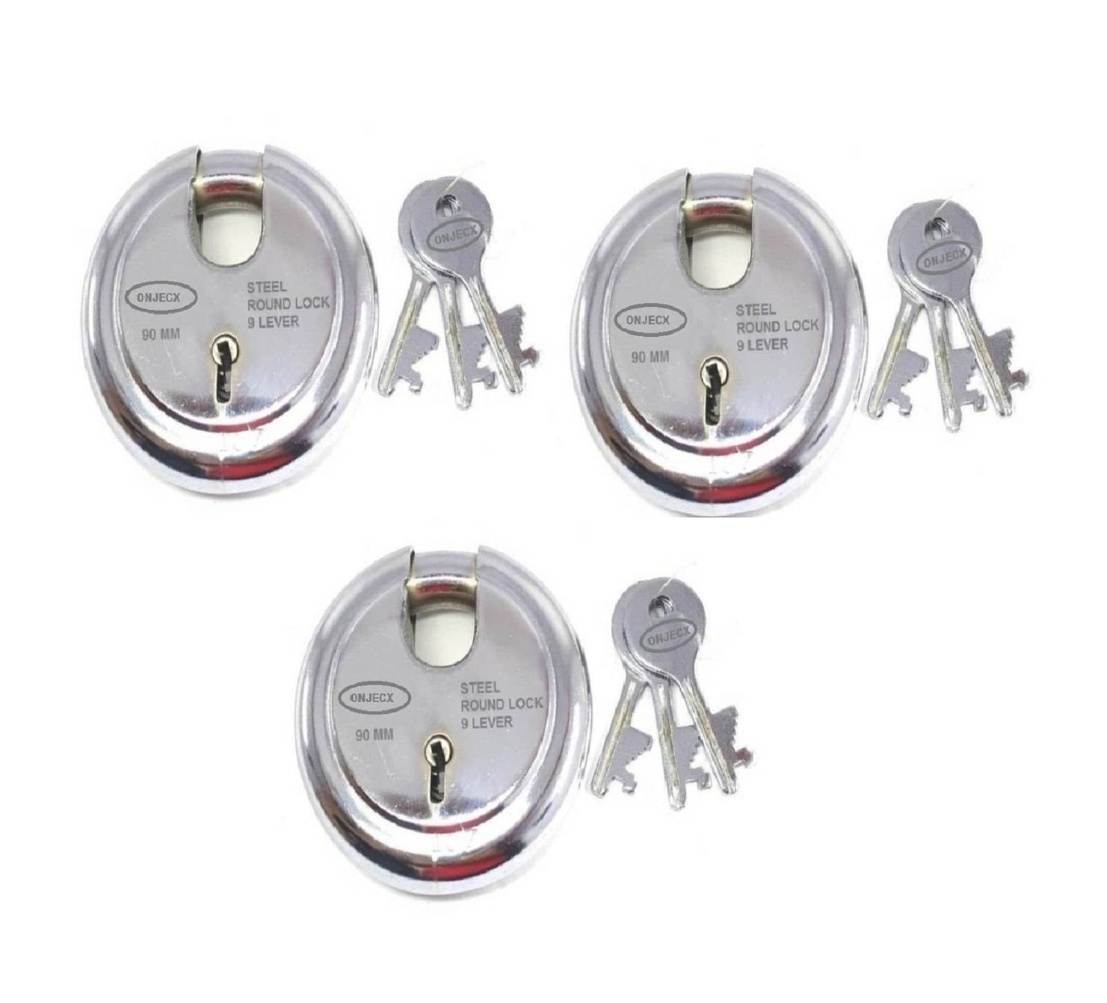 OJASS Steel Primium Range Lock 9 Levers 90 mm Heavy Duty Padlock, Sutter Lock, Round Lock Long Life Durable with 3 Keys for Main Gate, Office Door, Shop Shutter, Pack of 3 pcs (RPL903L)