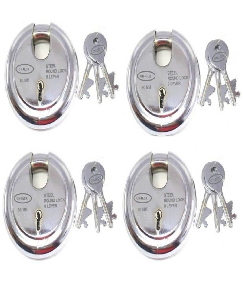 OJASS Steel Primium Range Lock 9 Levers 90 mm Heavy Duty Padlock, Sutter Lock, Round Lock Long Life Durable with 3 Keys for Main Gate, Office Door, Shop Shutter, Pack of 4 pcs (RPL904L)