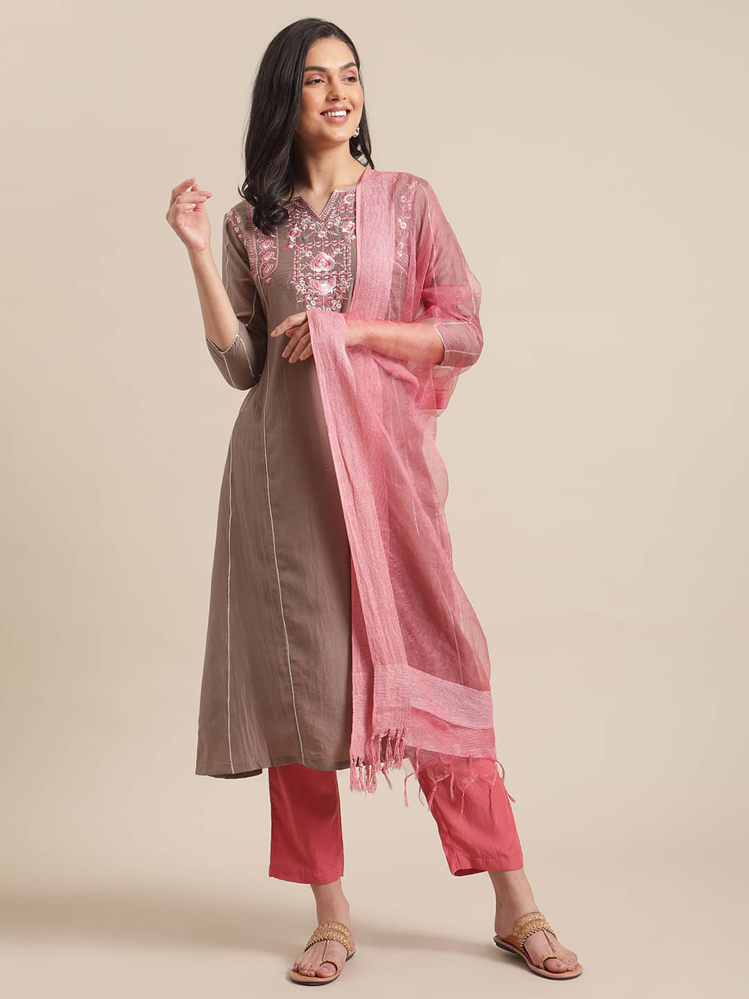 Varanga Silk Blend Embroidered Kurti With Pants Women's Stitched Salwar Suit - Beige ( Pack of 1 )     			Varanga Silk Blend Embroidered Kurti With Pants Women's Stitched Salwar Suit - Beige ( Pack of 1 )