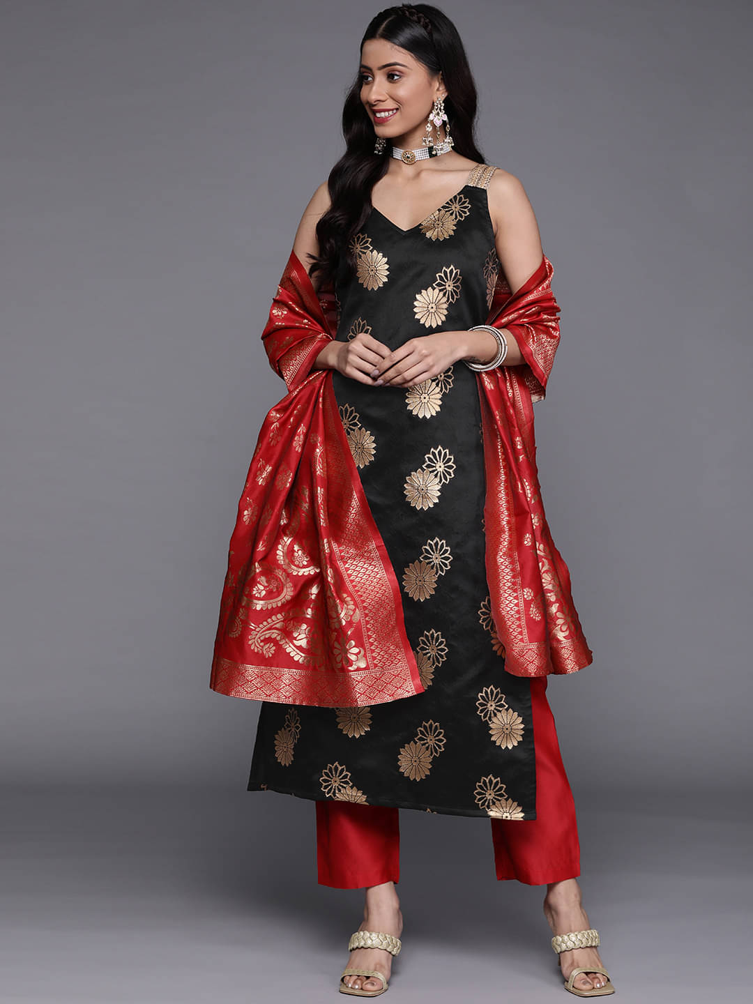 Varanga Silk Blend Printed Kurti With Pants Women's Stitched Salwar Suit - Black ( Pack of 1 )     			Varanga Silk Blend Printed Kurti With Pants Women's Stitched Salwar Suit - Black ( Pack of 1 )