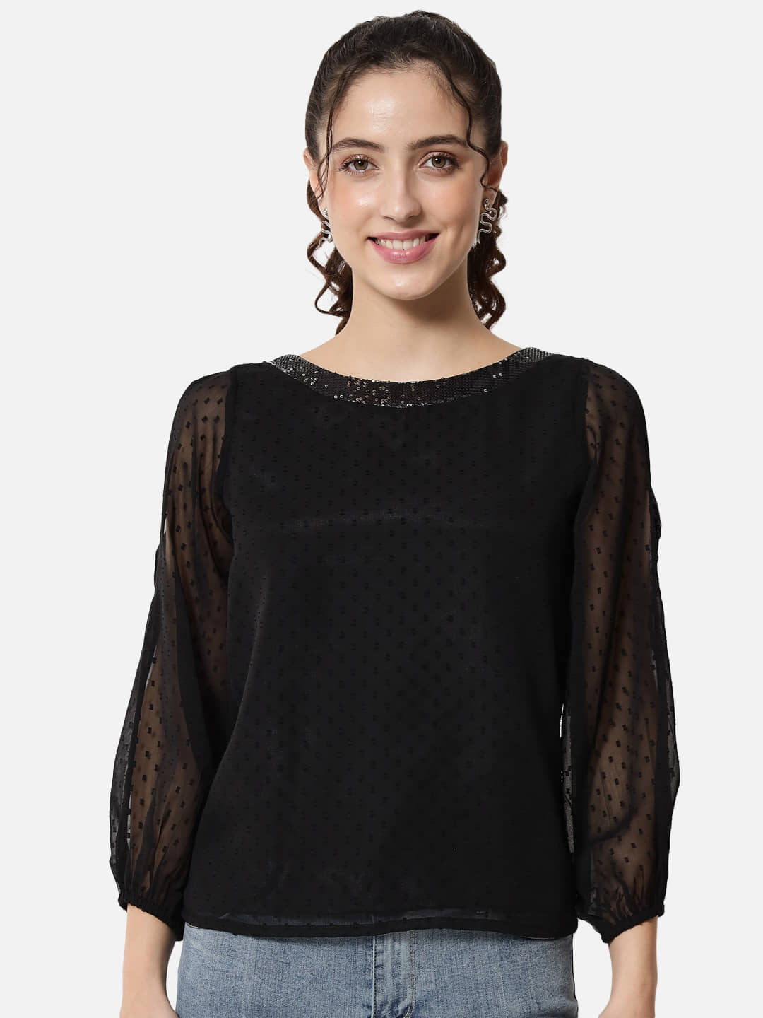 ALL WAYS YOU Women's Georgette Regular Top ( Black )