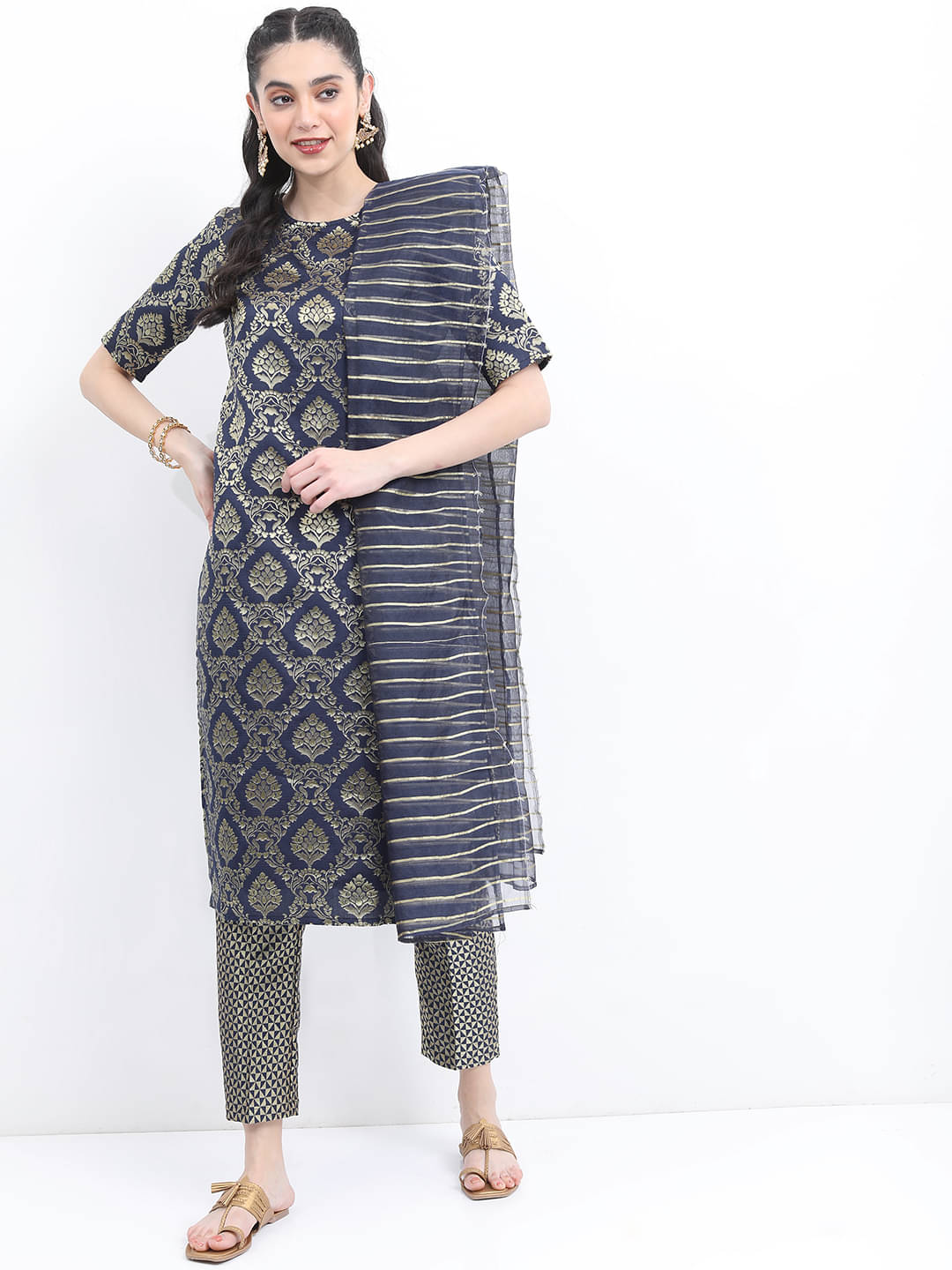     			Ketch Polyester Embellished Kurti With Pants Women's Stitched Salwar Suit - Navy Blue ( Pack of 1 )