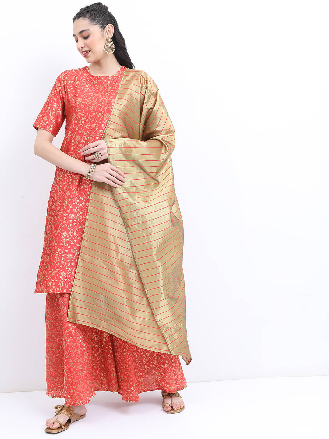     			Ketch Polyester Embellished Kurti With Sharara And Gharara Women's Stitched Salwar Suit - Coral ( Pack of 1 )