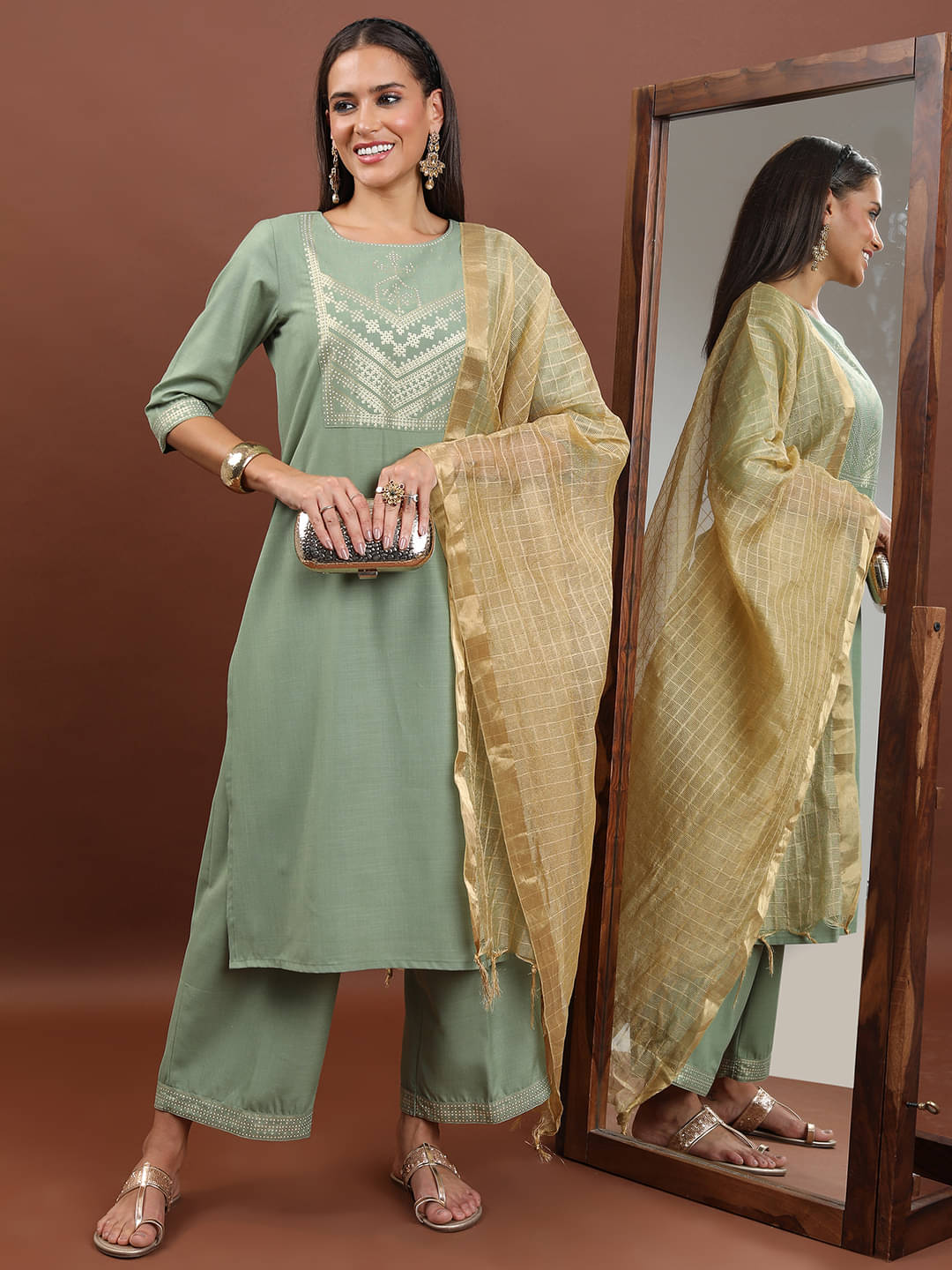     			Ketch Polyester Embellished Kurti With Palazzo Women's Stitched Salwar Suit - Green ( Pack of 1 )
