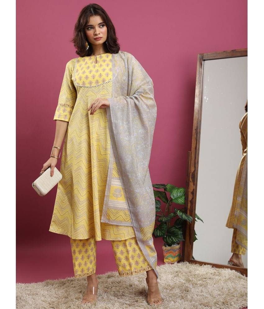     			Ketch Polyester Printed Kurti With Palazzo Women's Stitched Salwar Suit - Yellow ( Pack of 1 )
