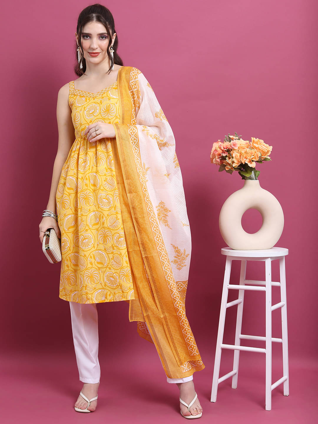     			Ketch Polyester Printed Kurti With Pants Women's Stitched Salwar Suit - Yellow ( Pack of 1 )