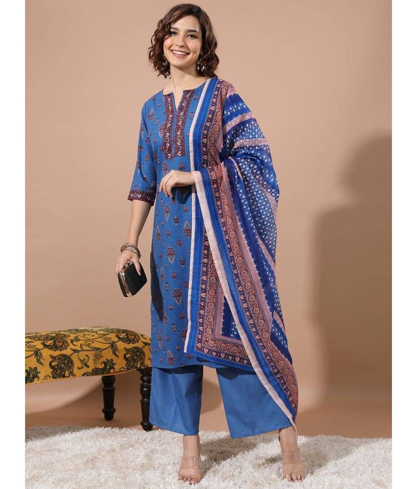 Ketch Polyester Printed Kurti With Palazzo Women's Stitched Salwar Suit - Blue ( Pack of 1 ) Ketch Polyester Printed Kurti With Palazzo Women's Stitched Salwar Suit - Blue ( Pack of 1 )