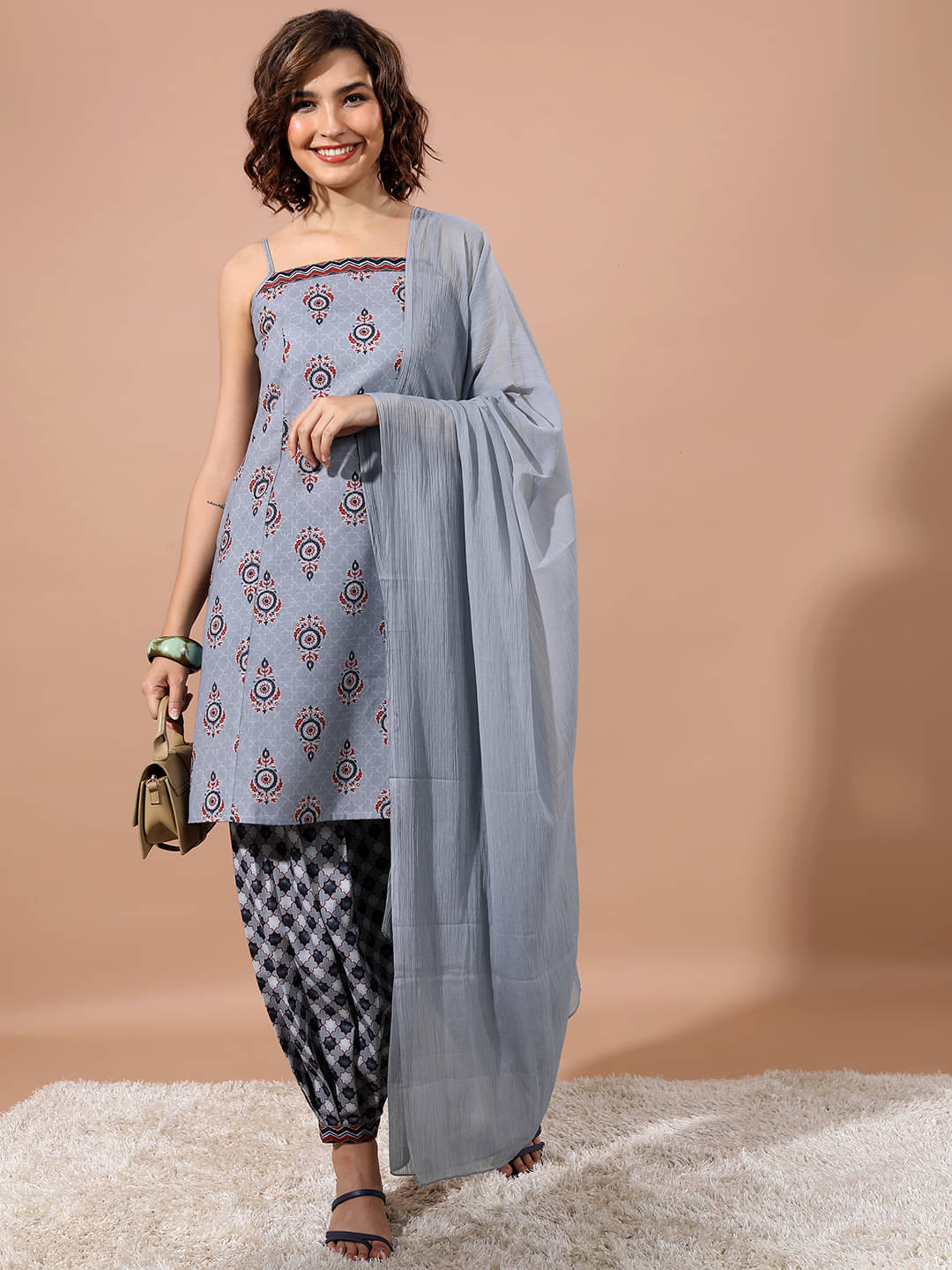     			Ketch Women Polyester Printed A-line Kurti With Patiala Salwar ( Grey )